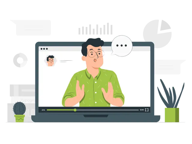 Cartoon of person in green shirt coming out of computer screen with speech bubble.