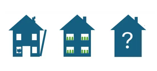 Three images of houses depicting an unhealthy home, an overcrowded home and a home of precarious tenure